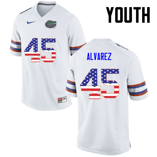 Youth Florida Gators #45 Carlos Alvarez College Football USA Flag Fashion Jerseys-White - Click Image to Close
